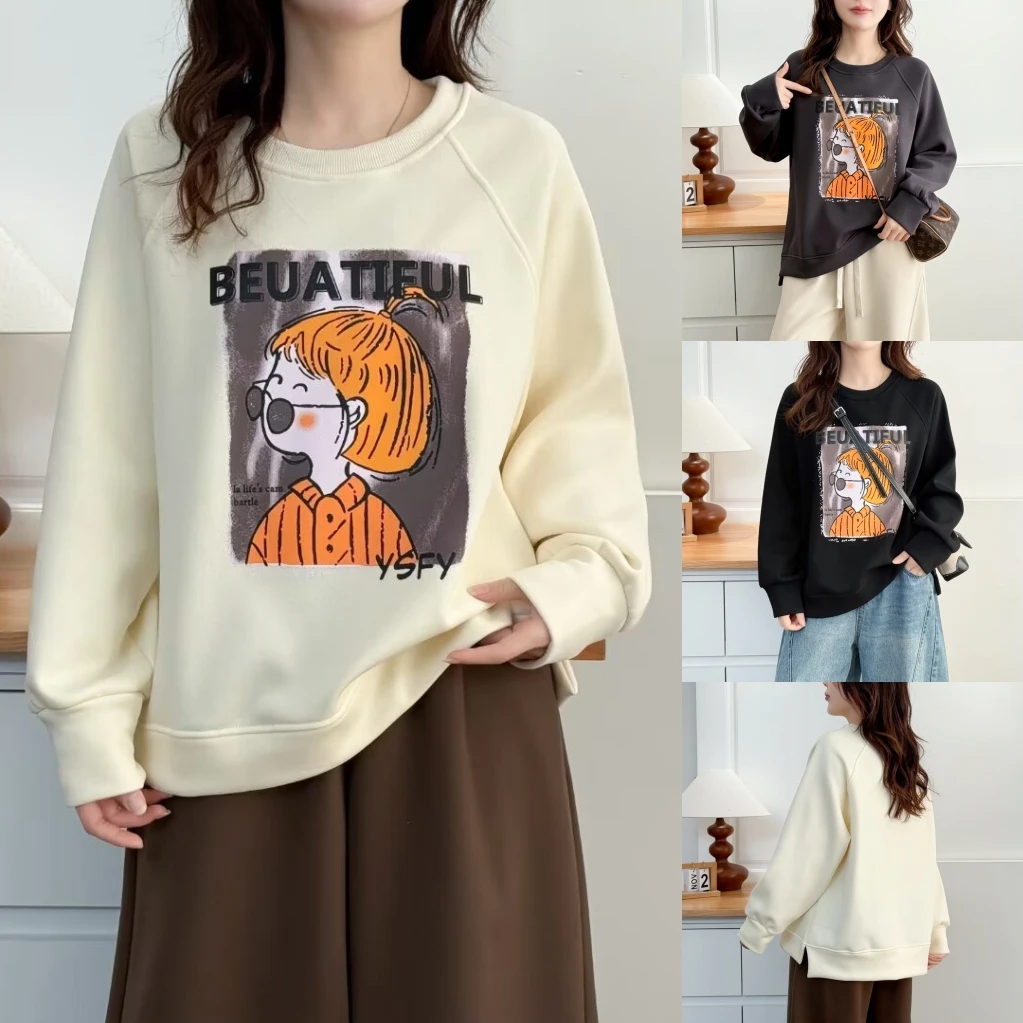 大码胖mm冬季新款卡通女孩印花加绒加厚卫衣宽松百搭减龄上衣2575