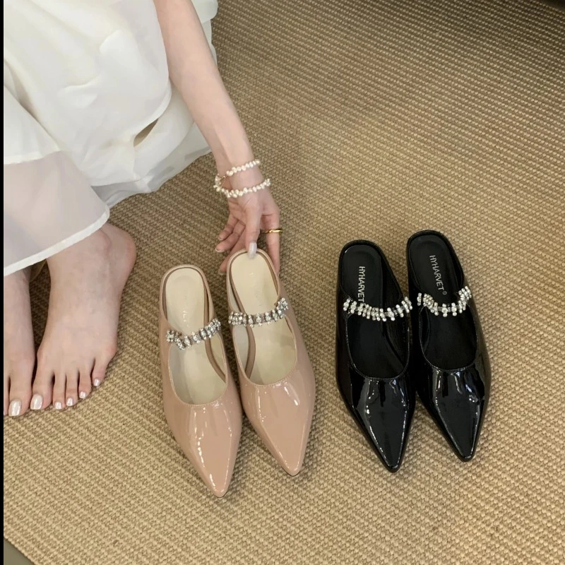 小香风水钻一字带百搭尖头包头半拖鞋女2025新款通勤内增高凉拖鞋