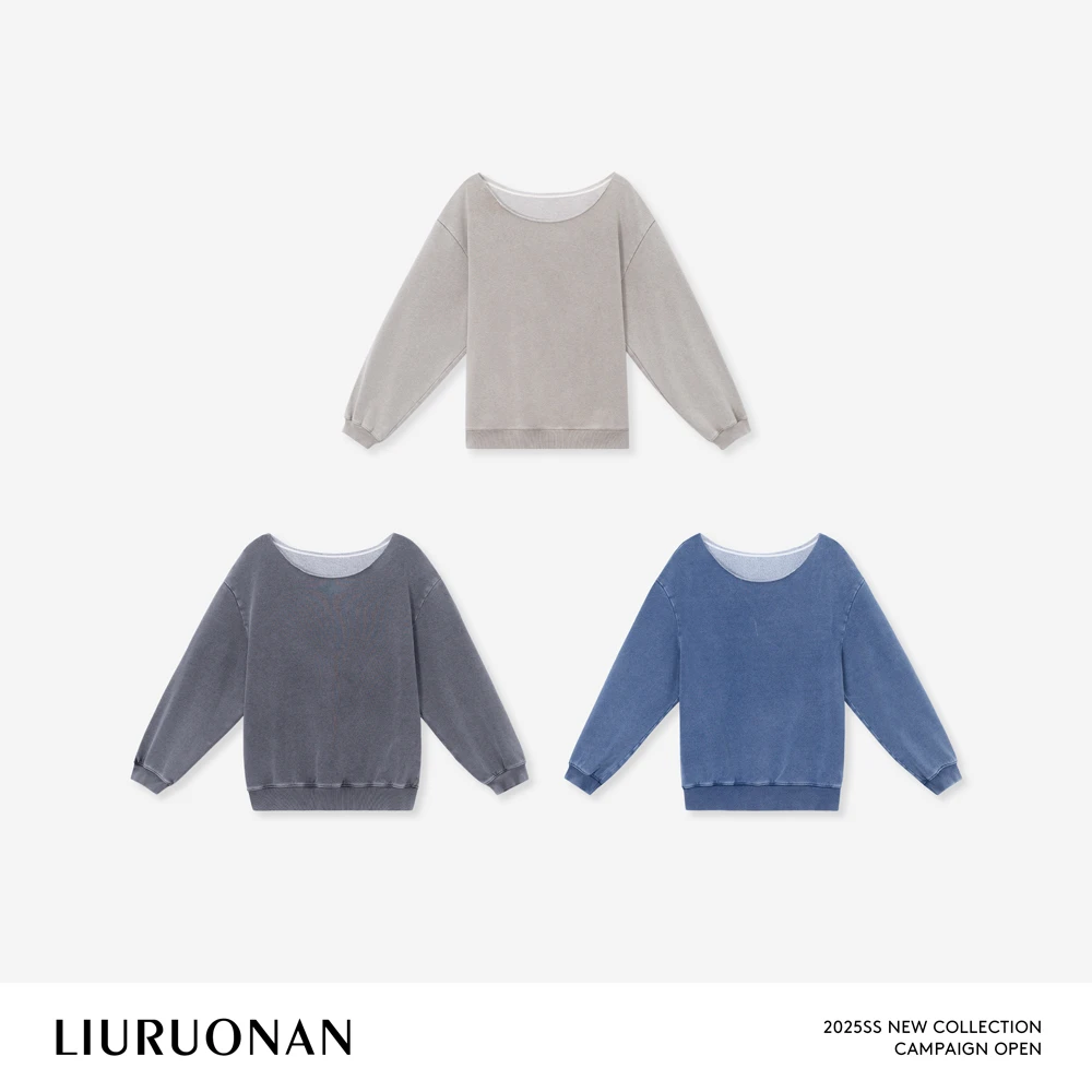 LIURUONAN 25SS【斜肩卫衣】小众设计圆领套头薄款卫衣长袖纯色简约