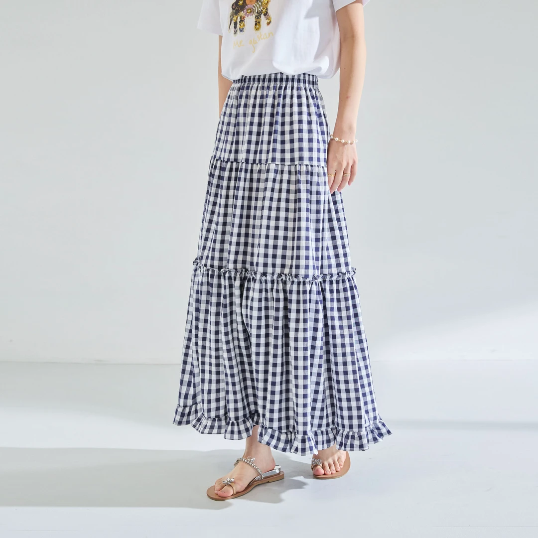 25夏季复古格纹高腰大摆木耳边拼接蛋糕长裙百搭显瘦半身裙25433