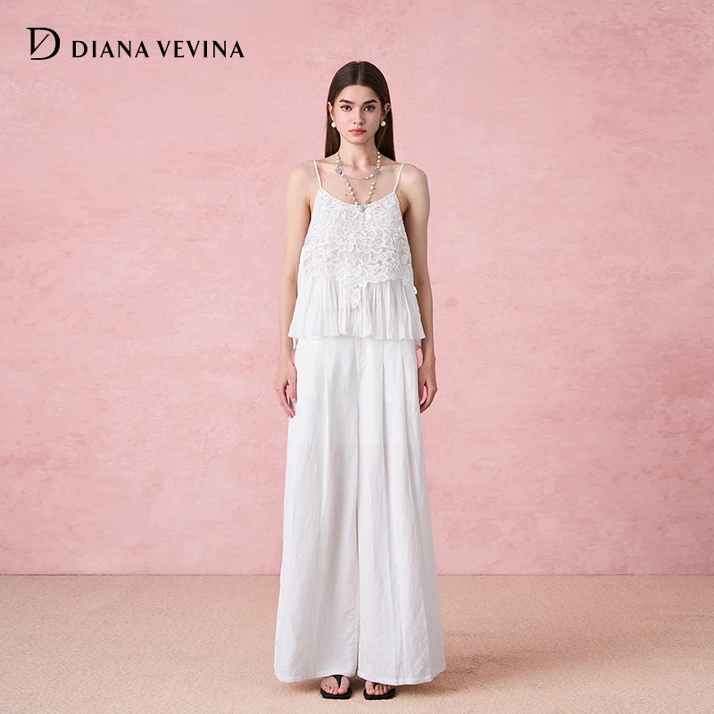 DIANA VEVINA25夏季新款白色蕾丝雪纺吊带