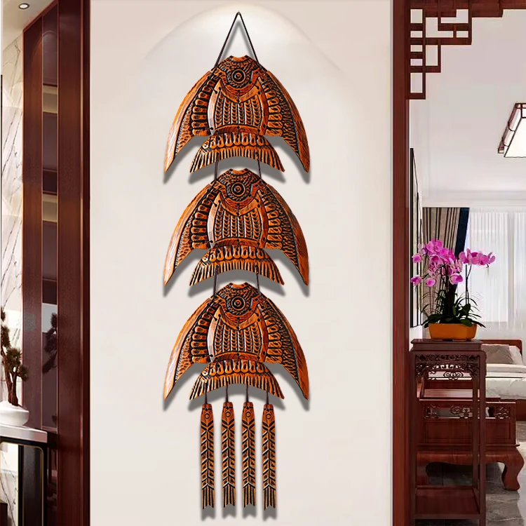 木雕玄关挂饰民族风连年有余过道墙上装饰品电视墙格栅装饰挂件