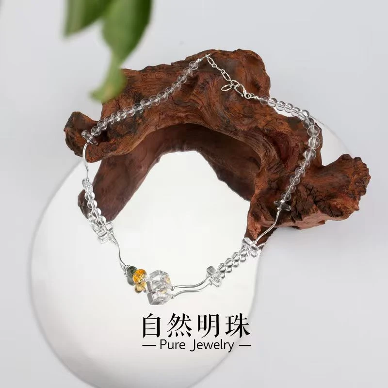 思斯原创【花样年华】项链暴力黄绿幽灵白方糖S925银天然白水晶项链