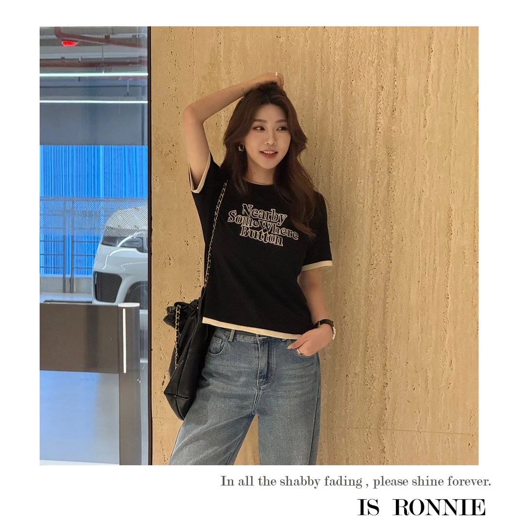 Is Ronnie【奥利】夏季新款棉麻混纺假两件刺绣字母印花T恤25IR0725