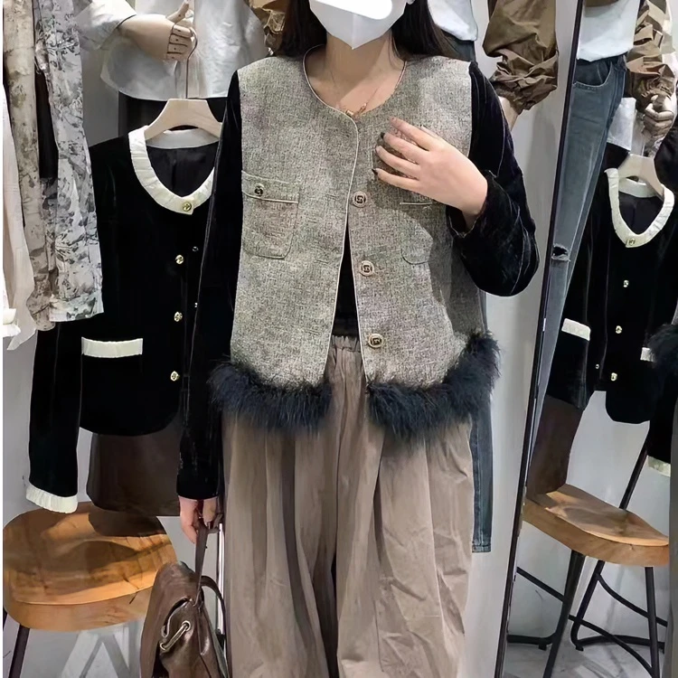 （柚子同款）ZJ毛毛边拼接小香外套23555