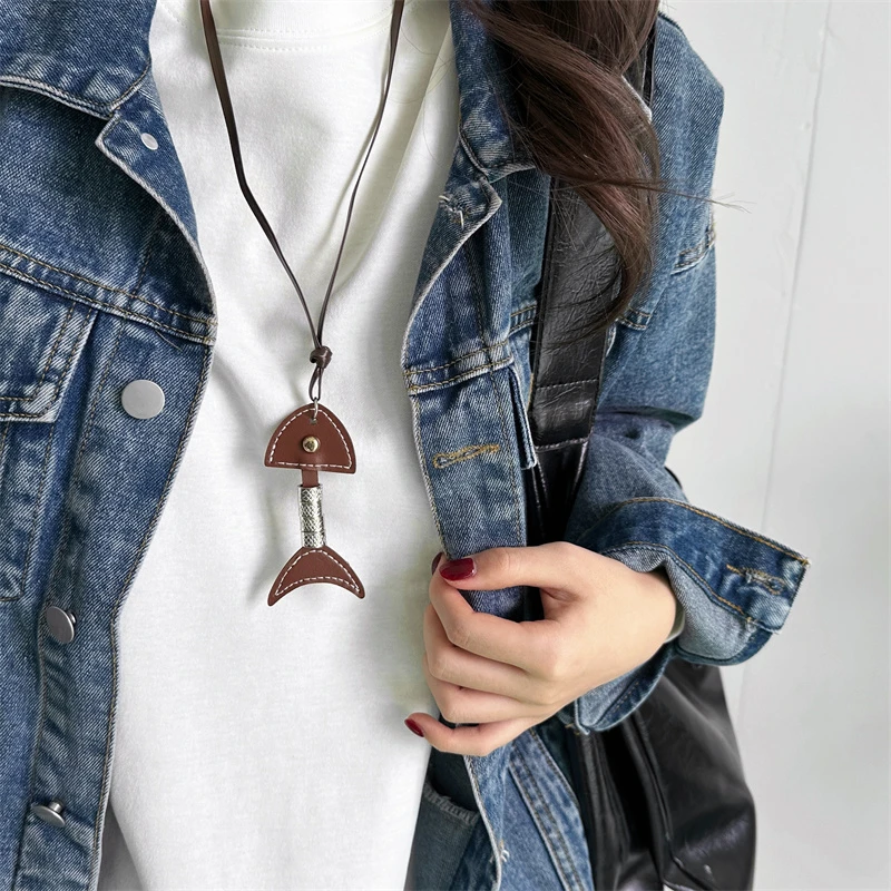 非金属皮质项链 X6162-1复古时尚鱼骨项链长款百搭气质小众简约