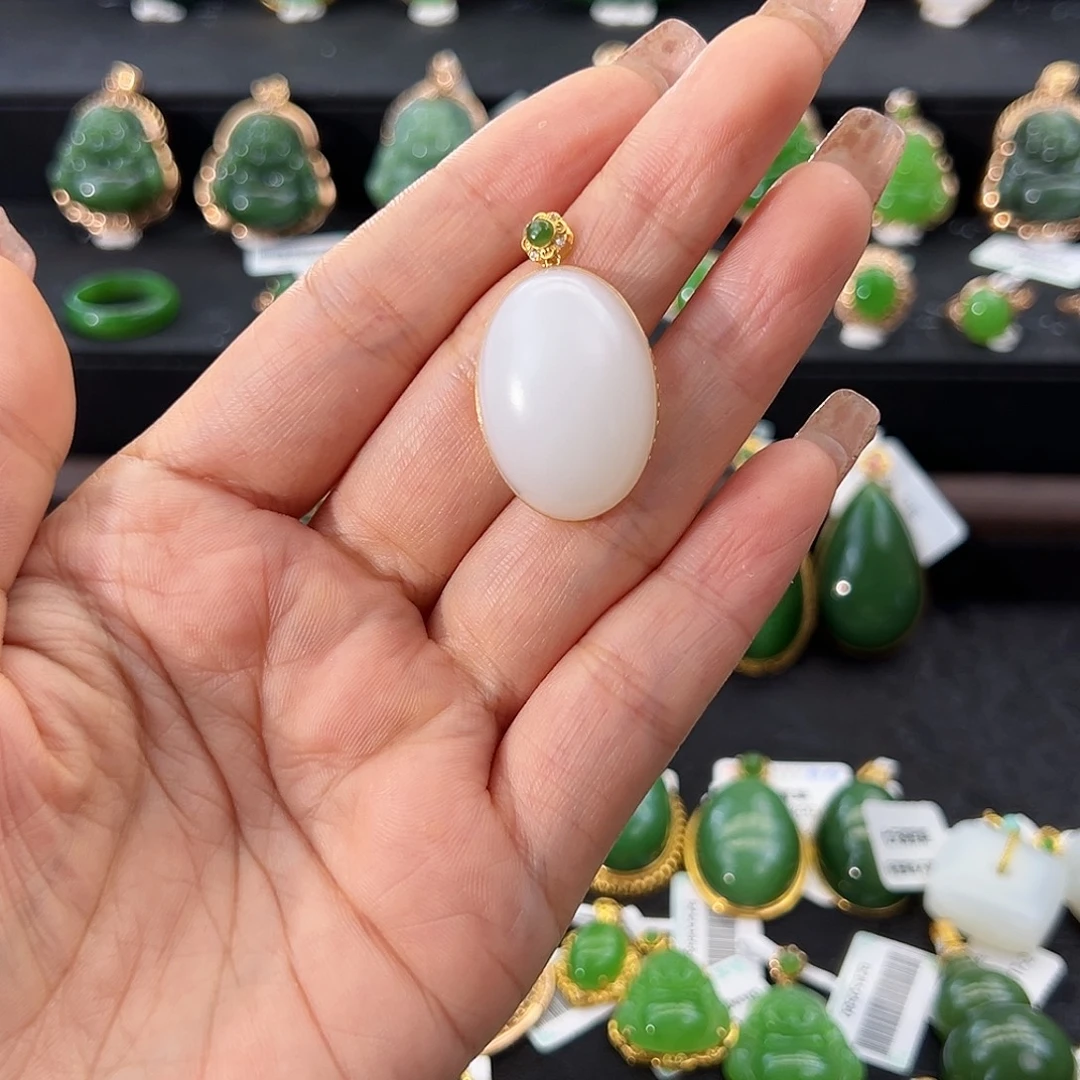 和田玉（白玉）18K金镶嵌吊坠(不含链)