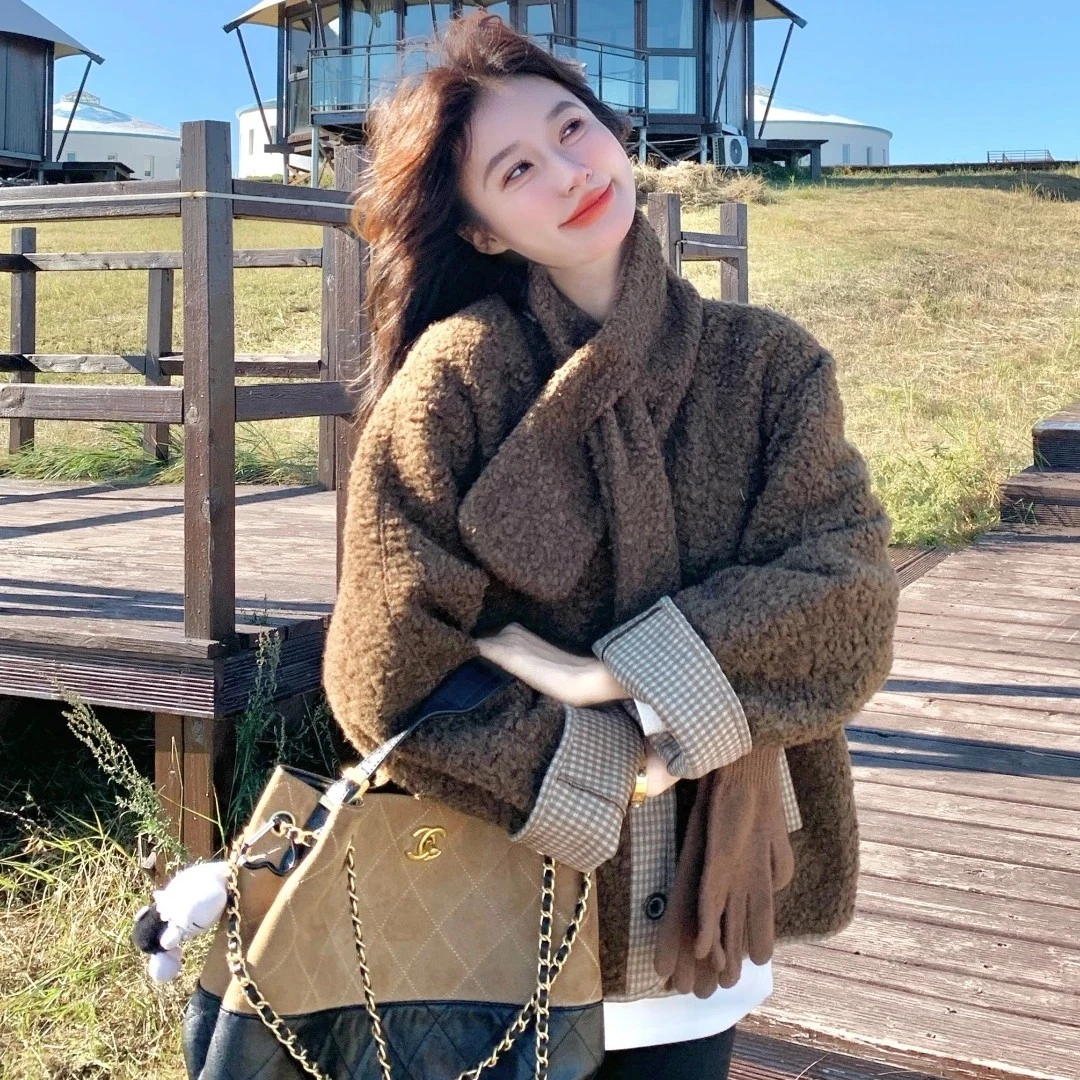 2025新款宽松型女短加厚外套INS风短款加绒格子毛呢轻熟风韩版