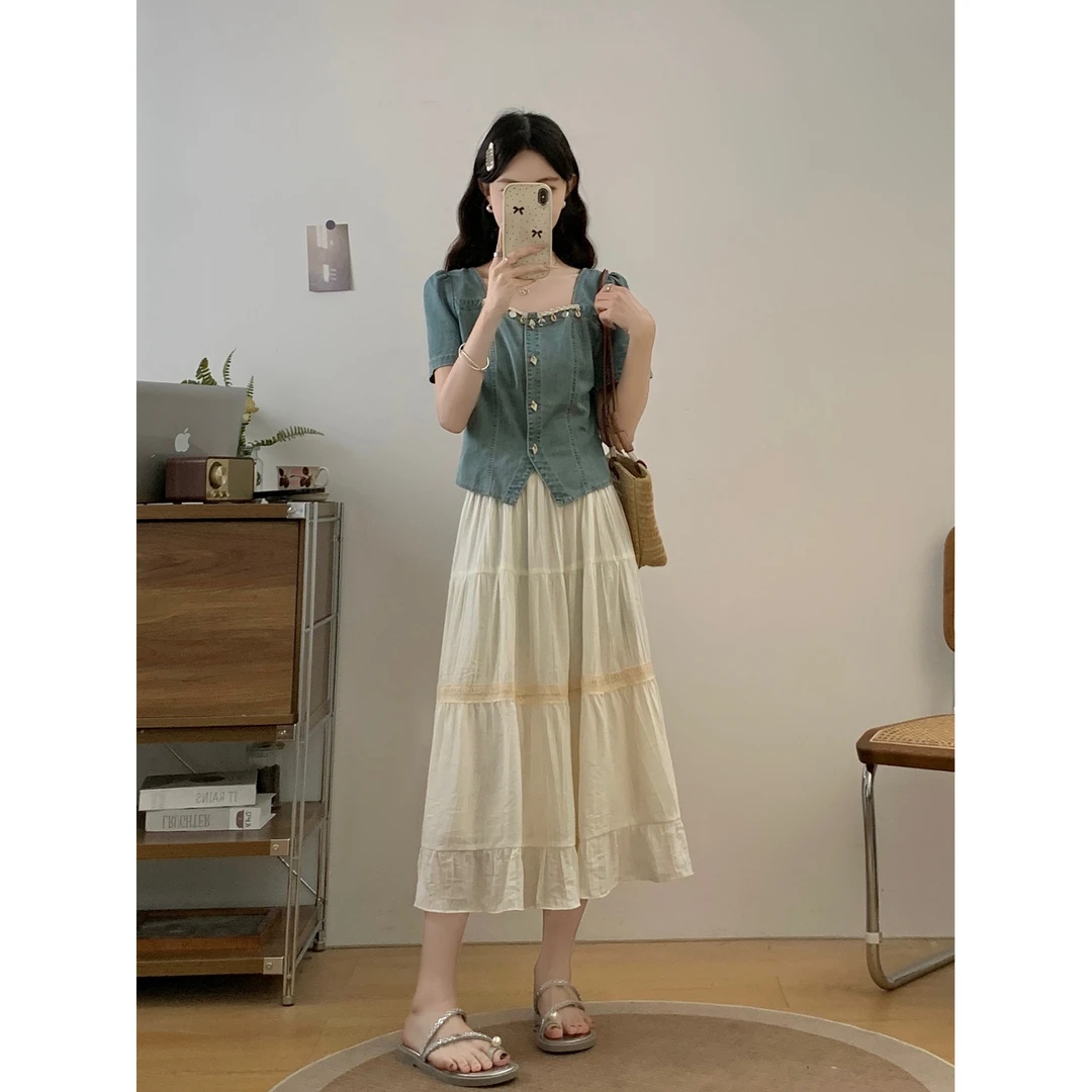 大码气质感套装裙夏季女装短袖上衣胖MM遮肚藏肉半身裙两件套