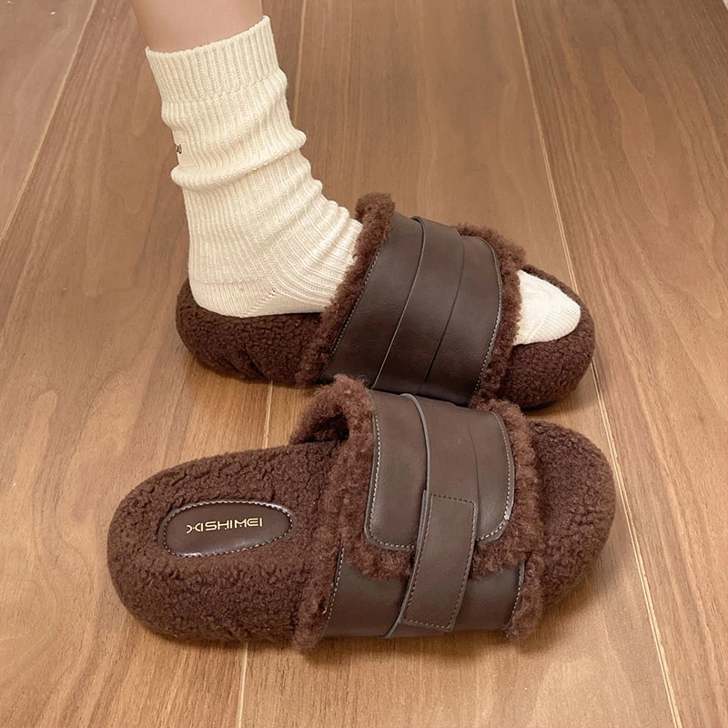 2025年秋冬季新款厚底质感高级设计款厚底增高休闲外穿女毛毛拖鞋