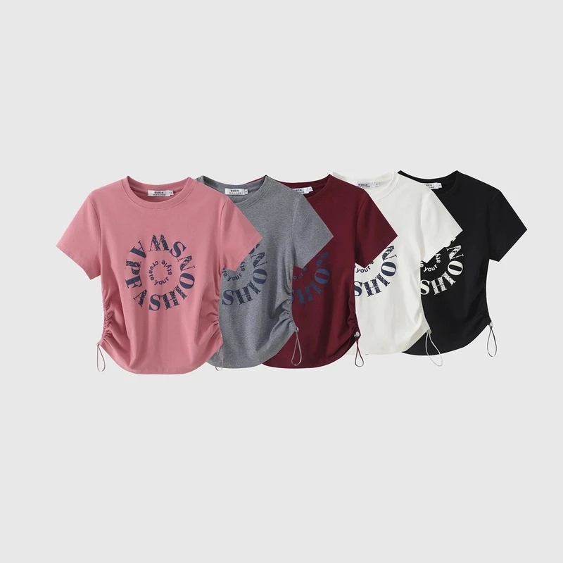 美式潮流炸街时尚百搭短袖T恤2025夏季抽绳收腰显瘦短款圆领上衣