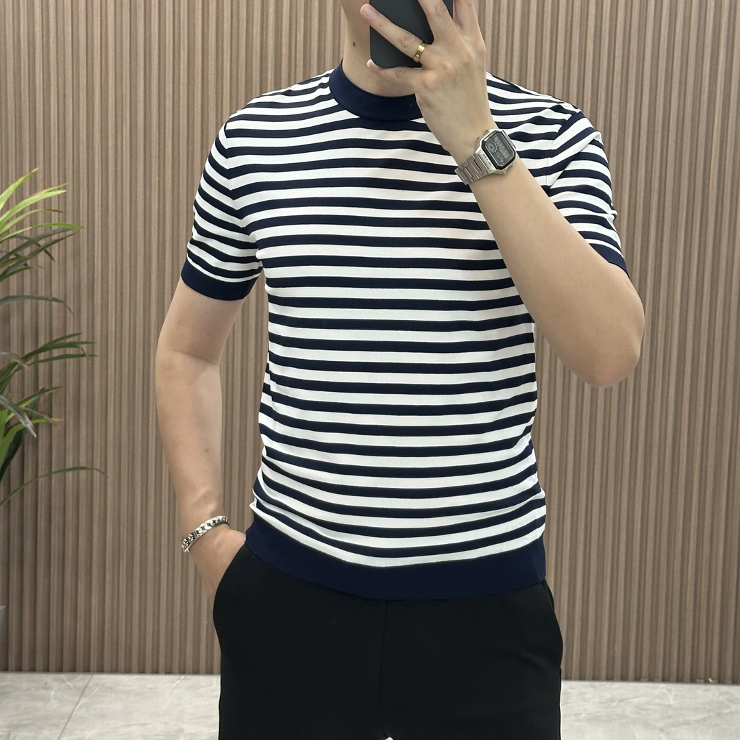 百搭T恤夏季圆领修身型短袖毛衣时尚休闲上衣条纹针织春夏GM150
