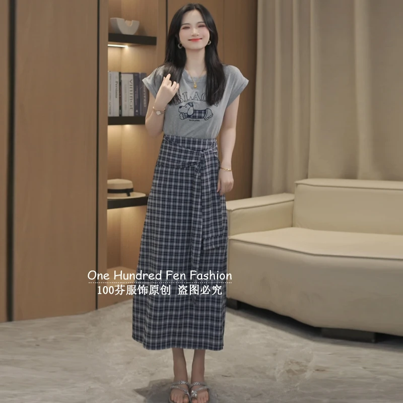 2025夏季新款卡通小狗字母蝙蝠袖T恤显瘦格子绑带半身裙