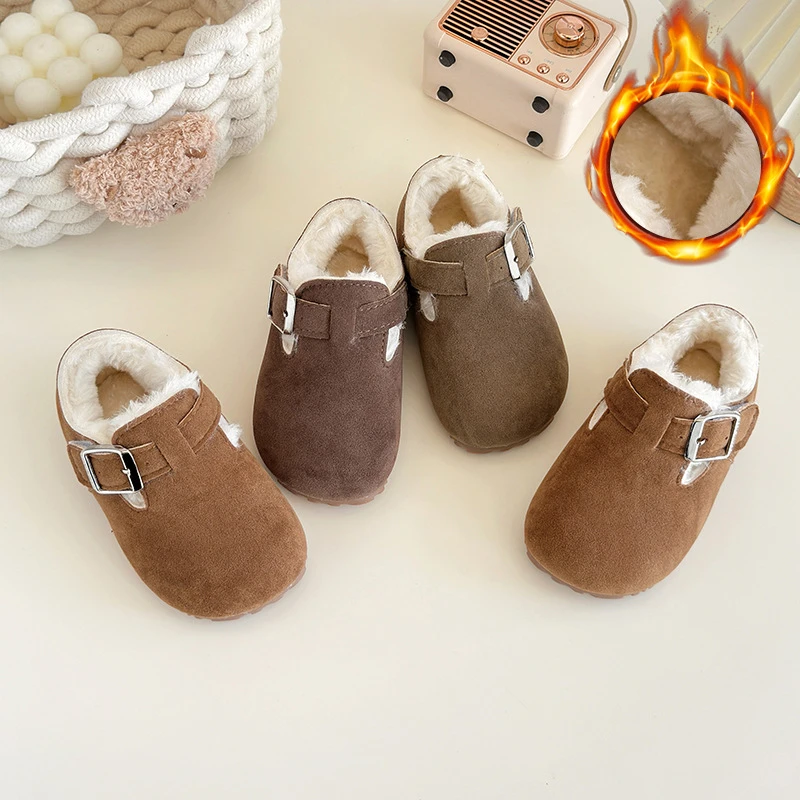 儿童加绒勃肯鞋2024秋冬季新款韩版软底女童小皮鞋男童复古豆豆鞋