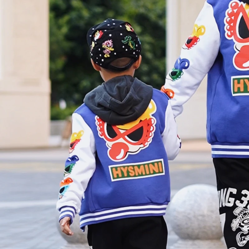 182 HGM棒球领秋冬外套个性印花撞色拼接潮牌亲子装上衣