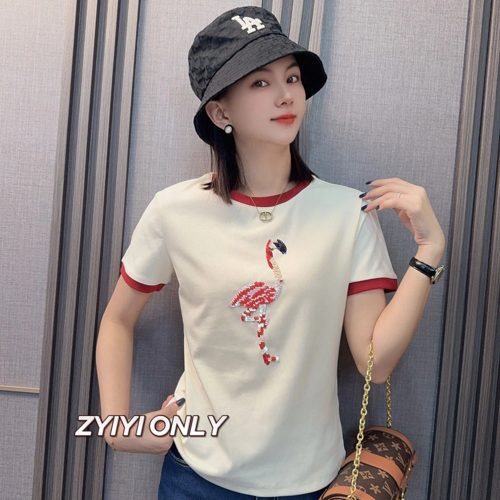 【火烈鸟】2025春夏新款短袖珠片T恤修身显瘦休闲百搭上衣女