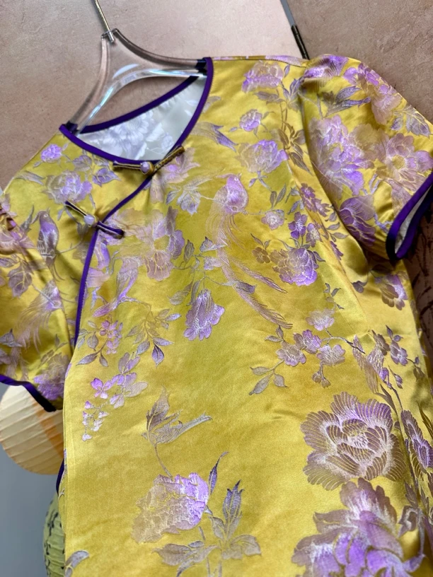 【沐锦花】桑蚕丝色织提花斜襟撞色包边轻奢精致上衣