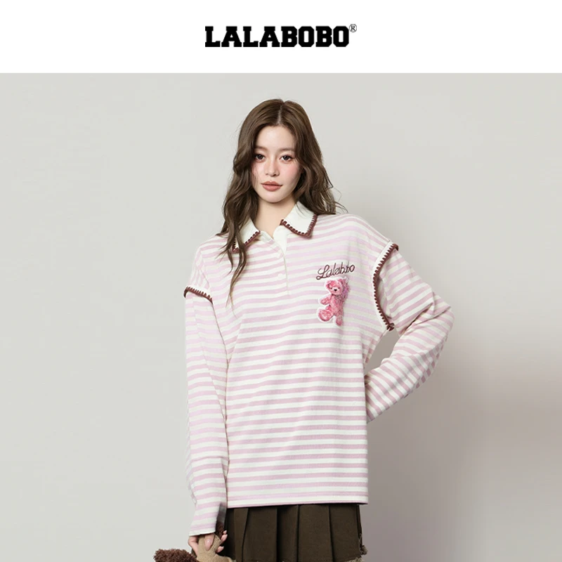 LALABOBO薄款朋克风中长款打底衫条纹打底翻领复古LBEC-WSDT25