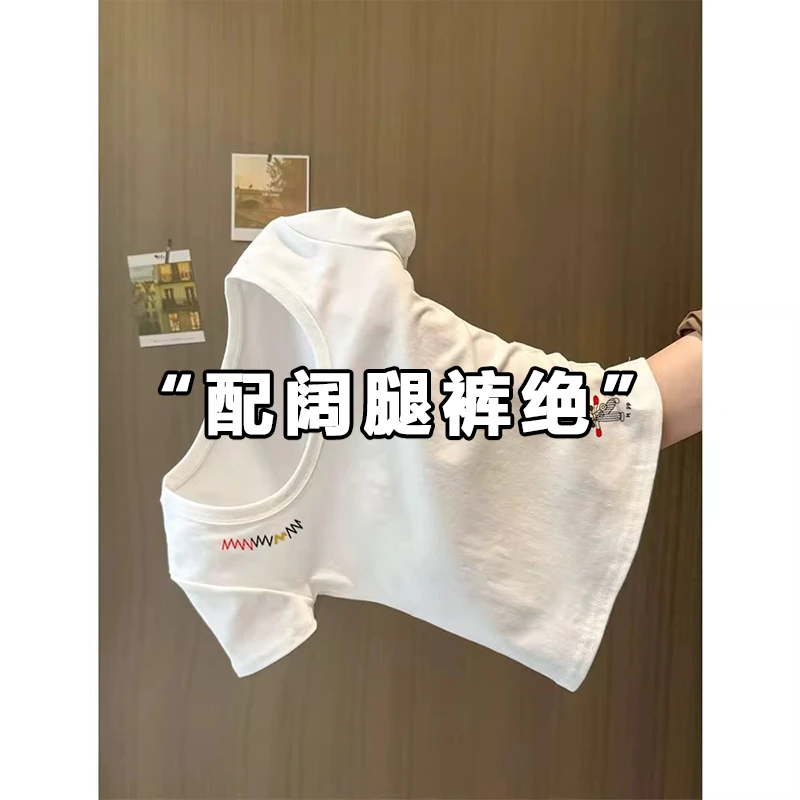 白色U领正肩短袖t恤女2025夏季新款韩系显瘦短款印花小上衣