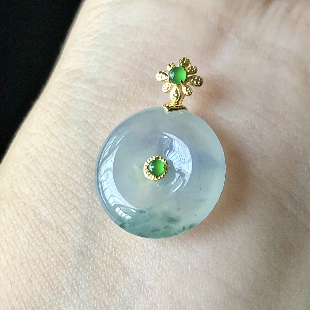 缅甸天然A货翡翠18k金镶嵌老坑冰种飘花紫罗兰平安扣吊坠23/16/5