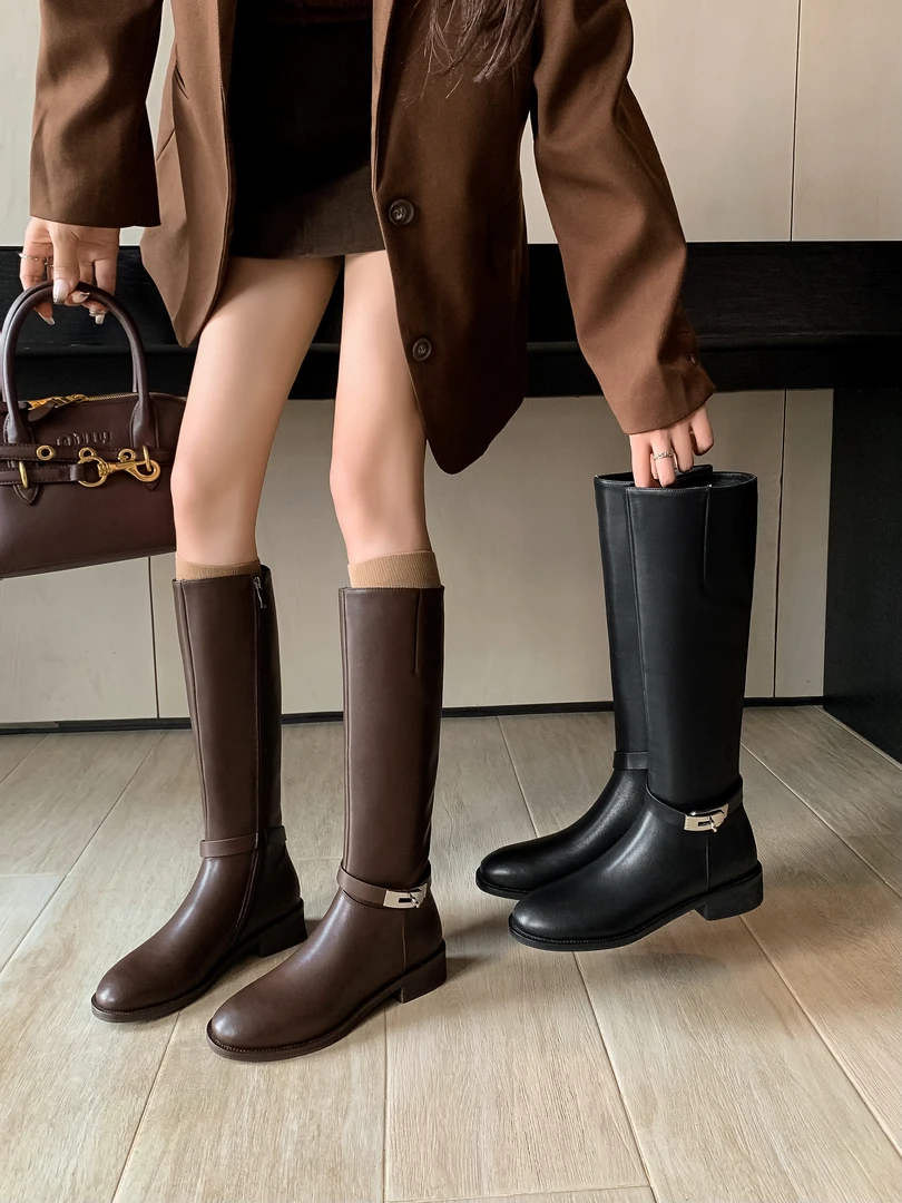 牛皮大码粗跟圆头骑士长靴 秋冬季通勤辣妹款【4.0cm】34—42