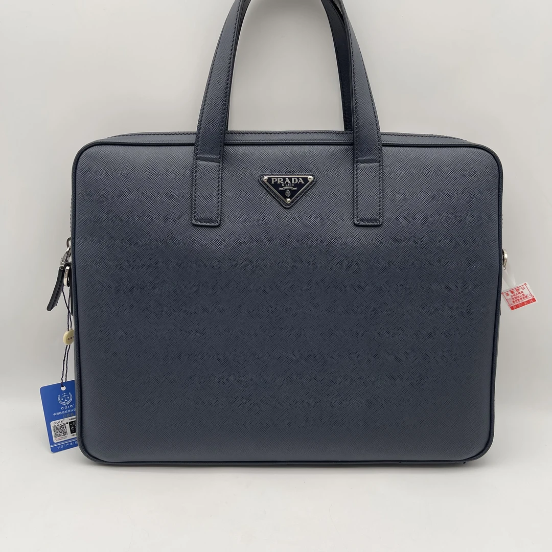 99新 Prada/普拉达 98新深蓝色十字纹手提公文包/男士2863