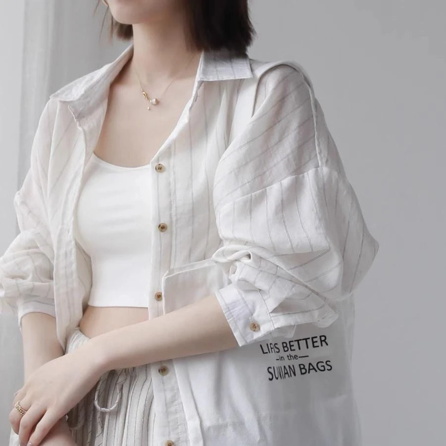 长袖条纹纽扣防晒衣薄款衬衫休闲风休闲春夏防晒四季白色款百搭