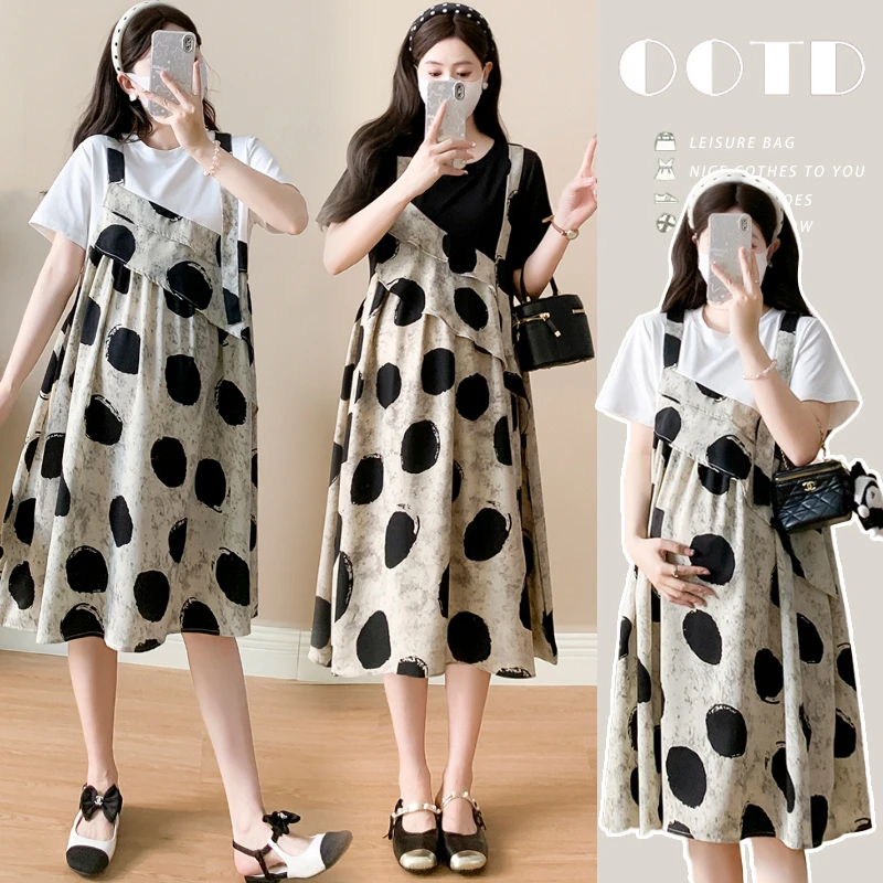 洋气时髦孕妇装夏装连衣裙夏季假两件裙子怀孕妈妈装遮肚子衣服