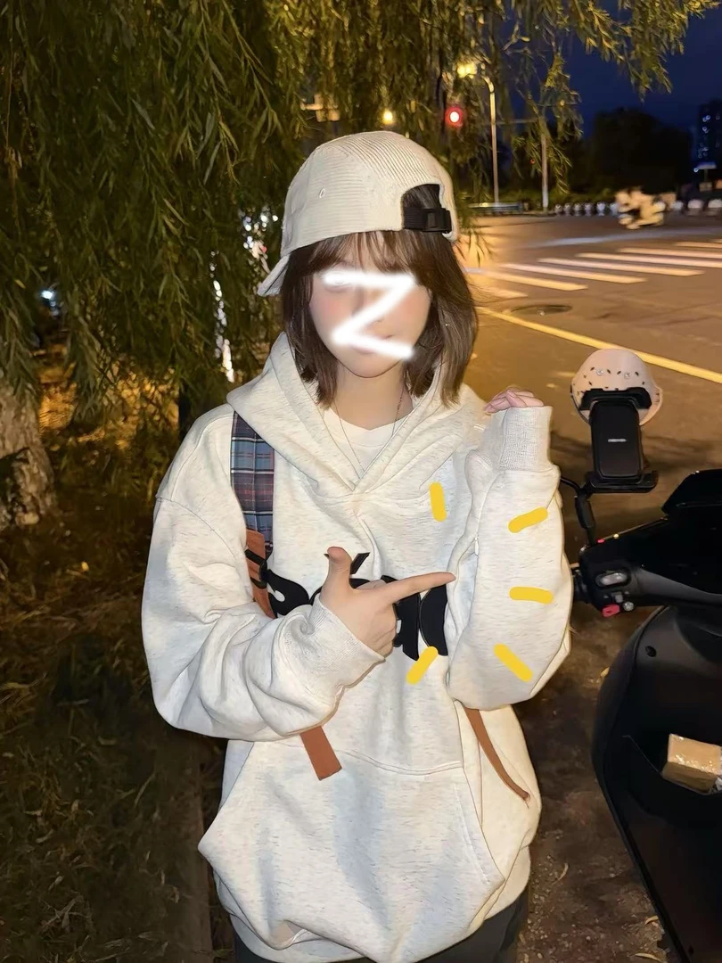 隐藏口袋纯棉美式字母贴布刺绣连帽卫衣女春秋款宽松情侣高街外套