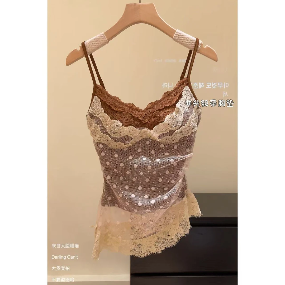 大脸喵 升级带胸垫 栀子花开 爱丽丝甜梦 波点蕾丝吊带背心女