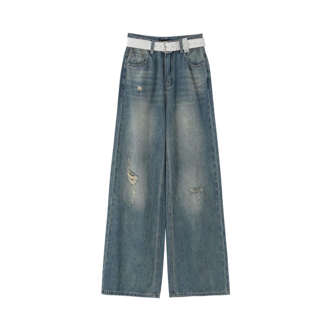 【封后轻奢设计】2025韩版破洞牛仔裤女高腰显瘦阔腿长裤5300053