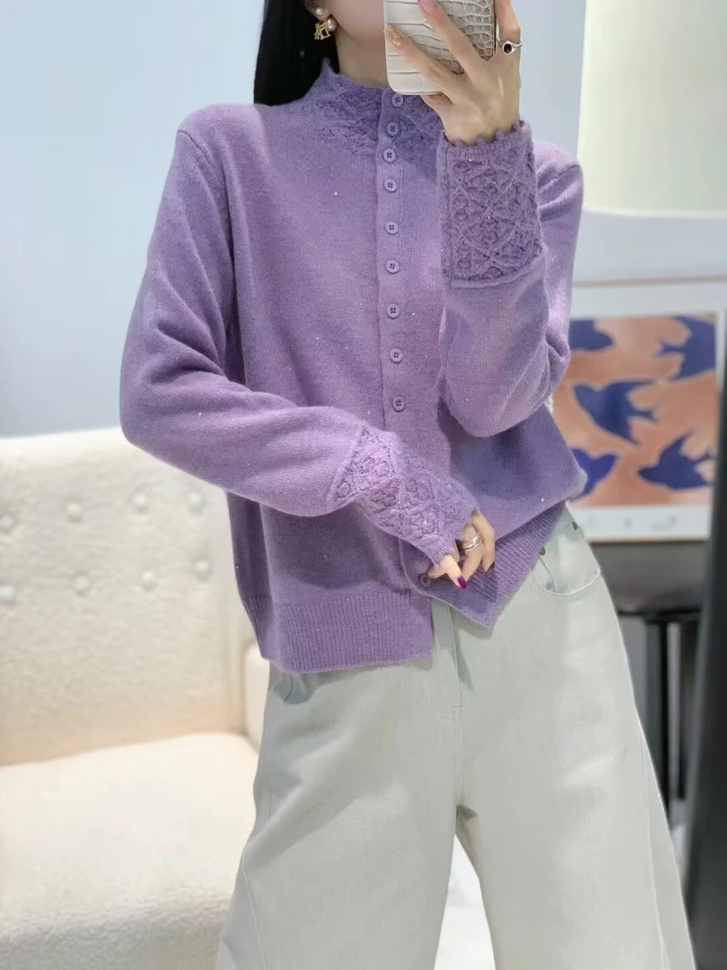 秋冬女装翻领半高领针织秋冬常规时尚网红衫修身型毛衣钩花打底衫