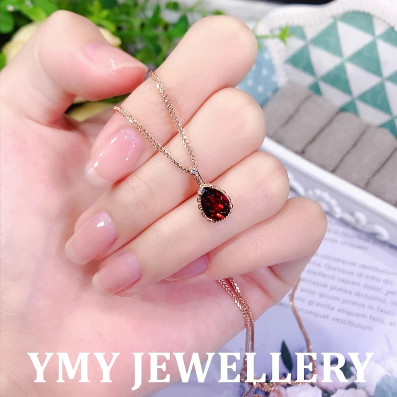MM 天然石榴石吊坠18K玫瑰金时尚 红色宝石项链女 042846