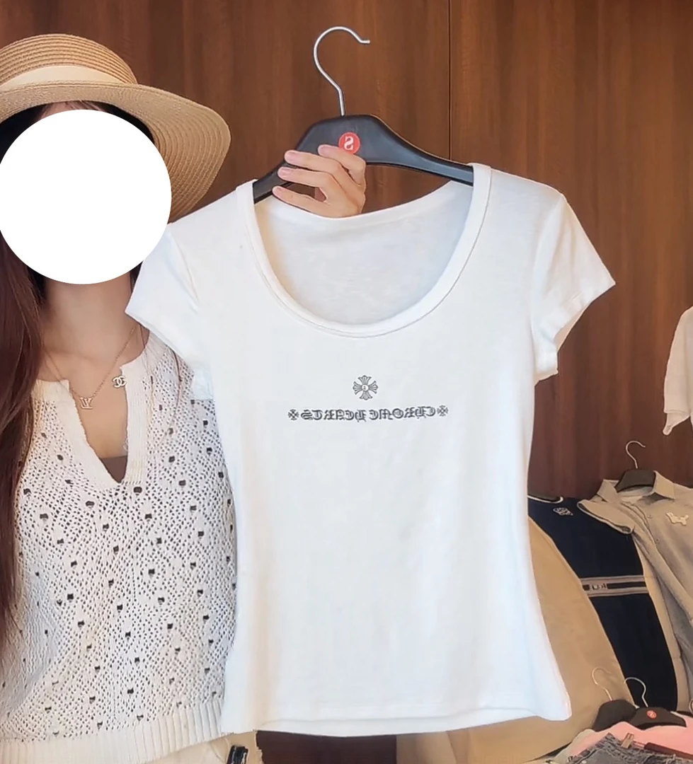 【关关专属】GG-80067十字架印花U领短袖T恤女新款百搭舒适半袖上衣