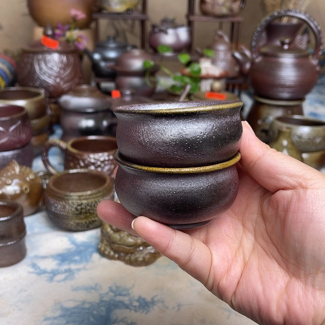 高温柴烧小紫杯2个