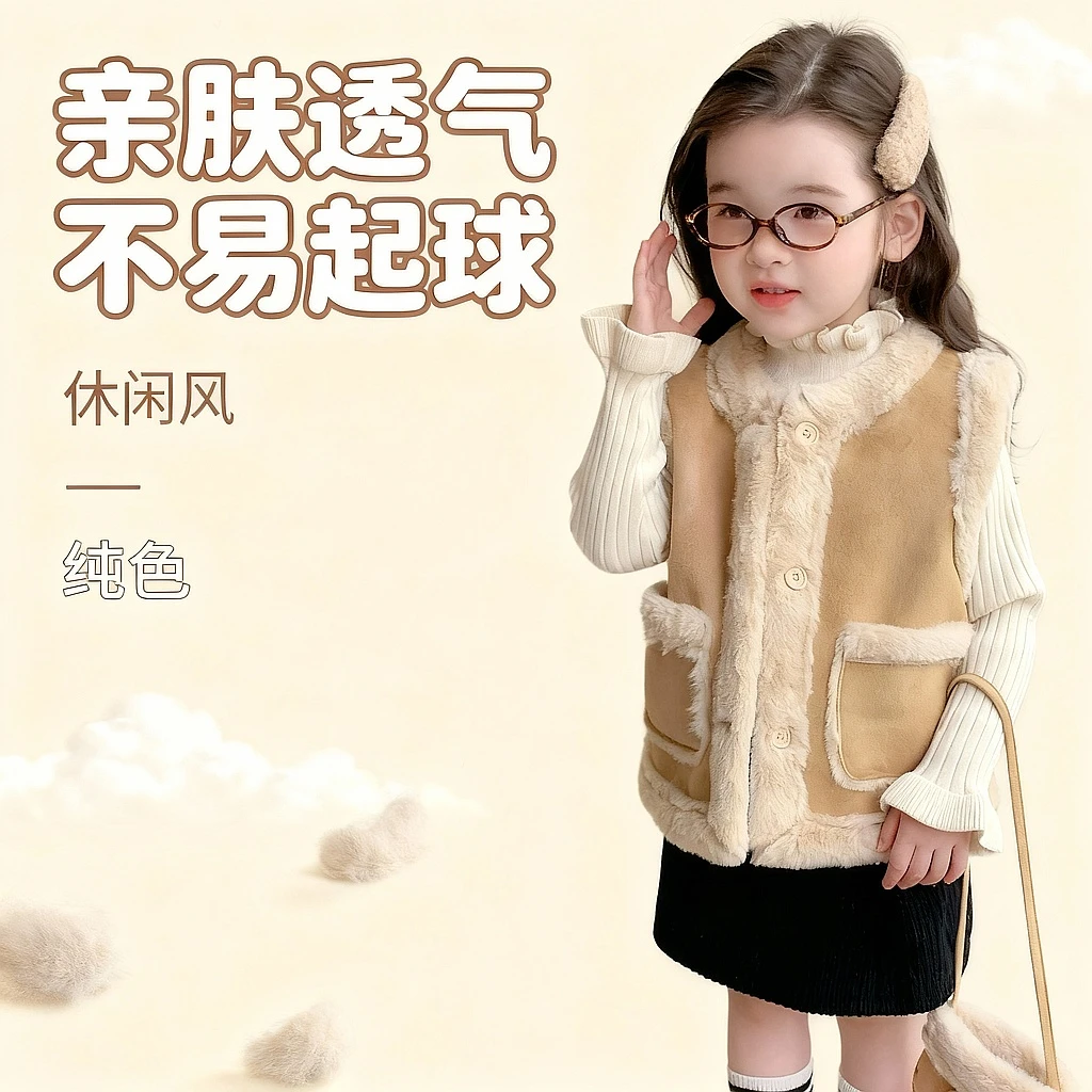 女童马甲秋冬季2025新款洋气儿童皮毛一体外套女宝宝加绒背心外穿