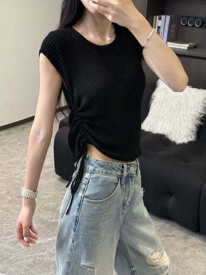 【柚子同款】显瘦针织衫短袖修身镂空百搭女夏季无袖