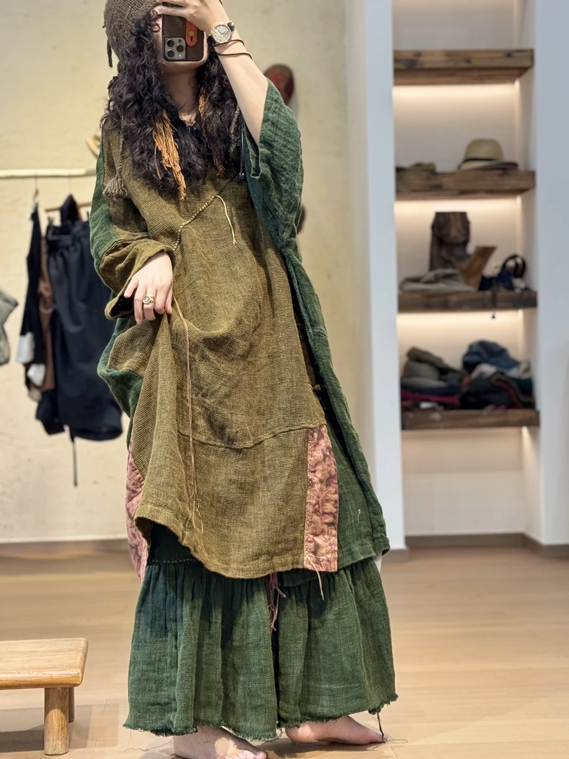 静一棉麻【卿尘】#2411212 色织粗麻撞色拼布多手工斜襟盘扣大袍子