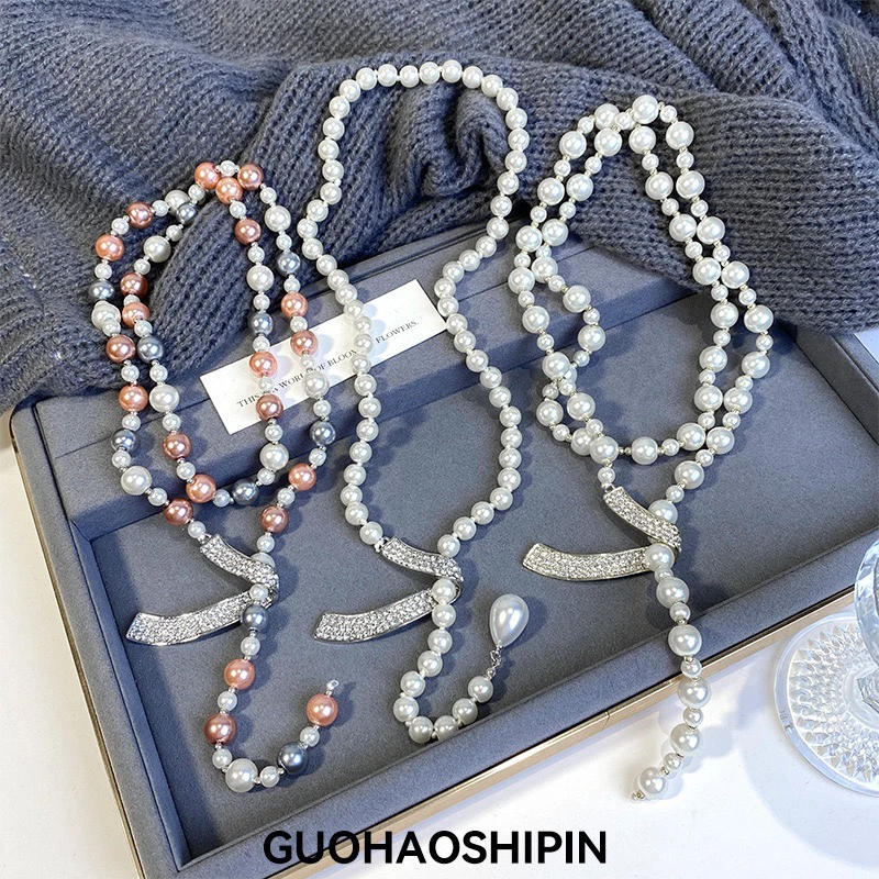 铜合金项链 精品/气质轻奢领结珍珠项链女简约百搭长款秋冬毛衣链