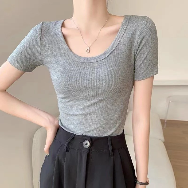 螺纹短袖t恤女春夏季修身显瘦打底衫通勤白色百搭纯色韩版上衣216