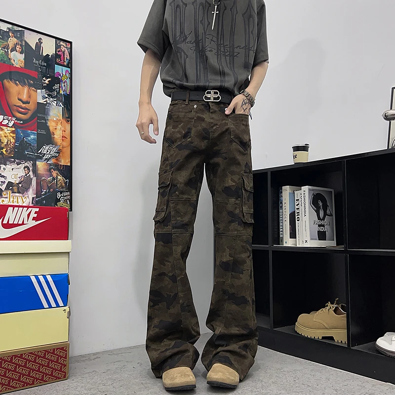 Yz微喇迷彩牛仔裤男夏季美式潮牌宽松直筒工装裤痞帅显瘦拖地长裤