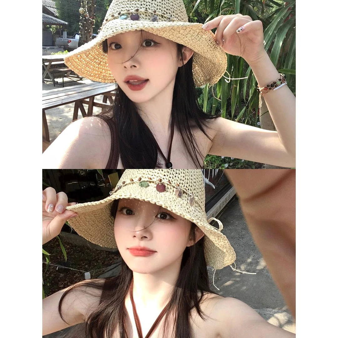 民族风贝壳装饰草编渔夫帽女春季海边度假透气镂空草帽防晒太阳帽