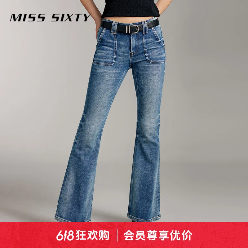 Miss Sixty春季新款牛仔裤女美式复古磨白做旧质感显瘦微喇裤