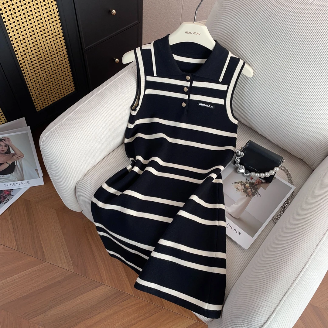 韩版休闲条纹polo领无袖针织裙夏季新款小个子连衣裙DY4032