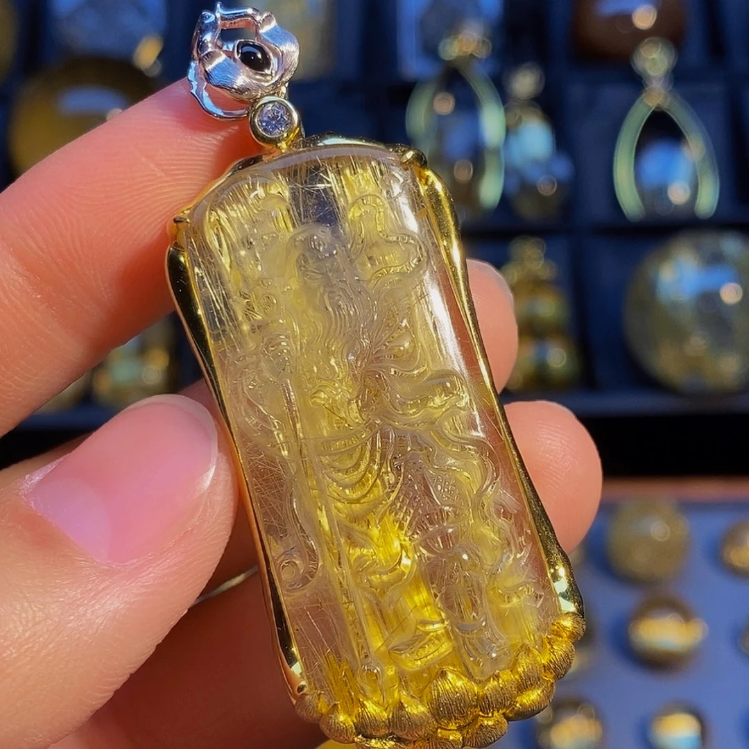 水晶颈饰银S925镶嵌天然钛晶关公吊坠