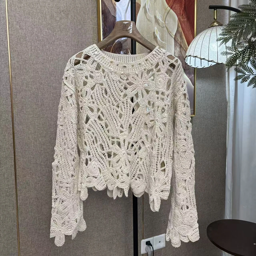 【新品上新】毛针织衫设计师镂空薄款插肩袖上衣长袖女装短款针织