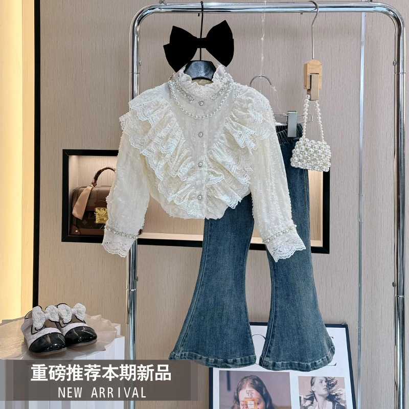 【现货】女童套装2025秋季穿搭新款洋气时髦儿童牛仔喇叭裤两件套