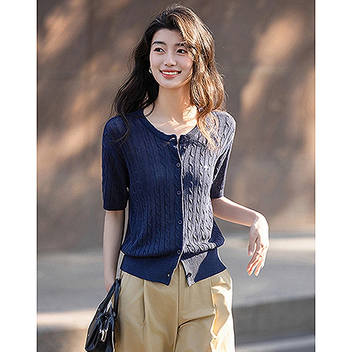 【女装优选XS】dme德玛纳开衫刺绣线衫绞花短袖针织衫G540220710201