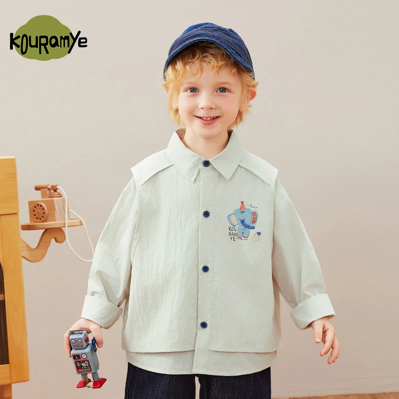 酷娃米2025年春季新款中小童舒适百搭卡通小象假两件衬衫20756