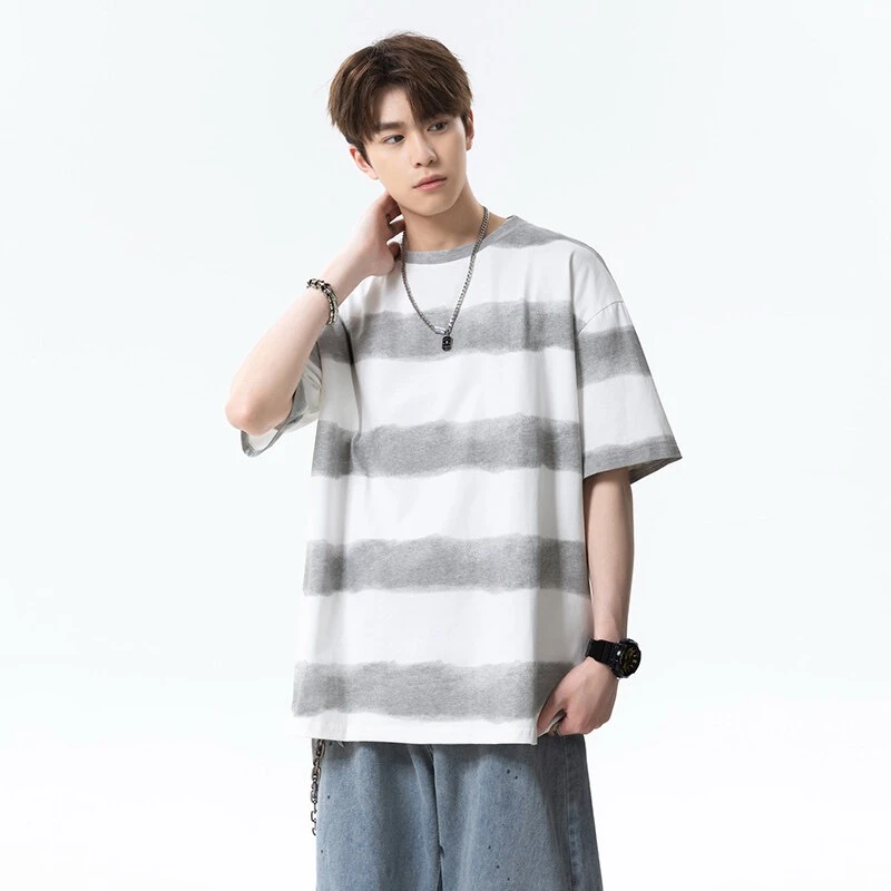 KONITIHA 260g雾感条纹短袖T恤男女情侣休闲圆领美式宽松半袖3622